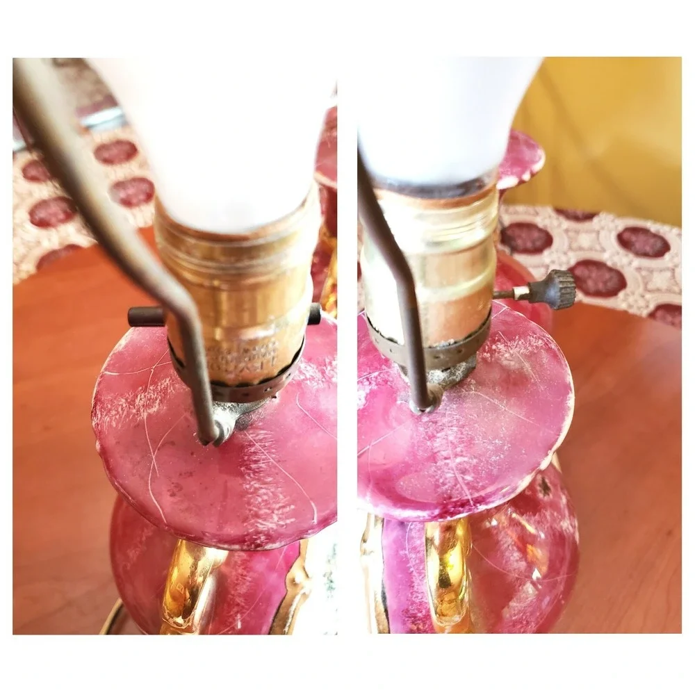 Pair of Vintage Pink Porcelain Victorian Courtship Scene Table Lamps - Gold trim
